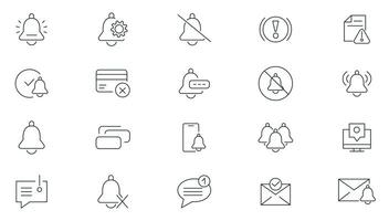 Notification line icons collection. Notification, Reminder, Bells, sound, message, lert, risk, caution, warning, exclamation, alert information and chat outline icon pack. UI thin outline icons pack. vector