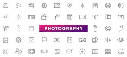 fotografía lineal icono colocar. cámara, foto, fotógrafo, estudio luz, película cámaras y Sesión de fotos contorno icono recopilación. ui Delgado contorno íconos embalar. vector