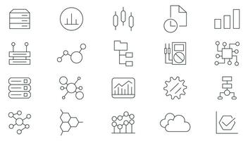 Data analysis thin line web icon set. Information technology web icon set. Database, big data process, ai, monitoring, traffic, hosting service, optimization and backup outline icon set collection. vector