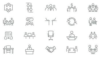 Meeting line icon set collection. Conference, team, group, presentation, meeting room, team, teamwork, presentation, idea, brainstorm, seminar, interview outline icon set. Thin outline icon pack. vector