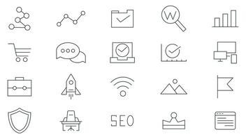 Seo line icon set. Search Engine Optimization. Business and marketing, traffic, ranking, optimization, link and keyword icon pack. Marketing and Search Engine Optimization outline icons collection vector