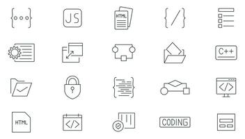 Programming and coding line icons set. Information technology, software development, Code, api, web development, website, cloud, app, developer outline icon collection. vector