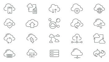 Cloud Computing line icons set. Cloud, cloud services, server, cyber security, digital transformation, computing, server, database, technology, networking, data and internet outline icons collection. vector