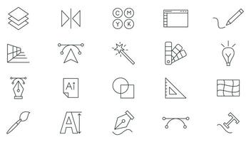 Graphic design line icons set. Art, creativity, idea, deisgn, tools, designer, stationary, software, web design, color palette outline icon set collection. Thin outline icons pack. vector
