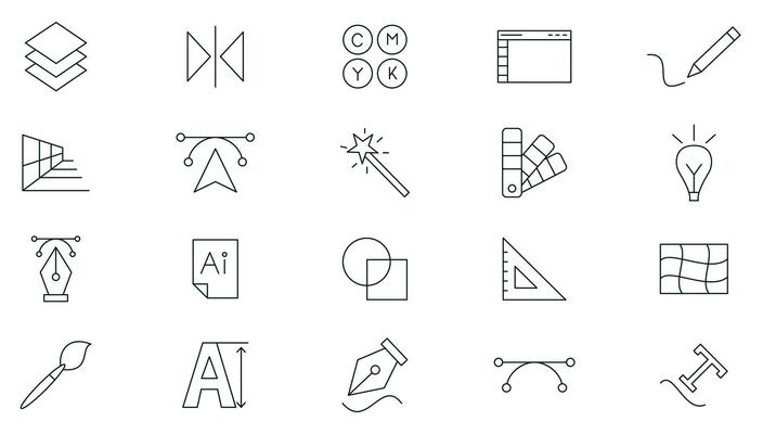 Graphic design line icons set. Art, creativity, idea, deisgn, tools, designer, stationary, software, web design, color palette outline icon set collection. Thin outline icons pack.