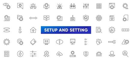 Setup and setting line icons set. Operation, gear, processing, tools, installing options, algorithm icons collection. UI thin outline icons pack vector