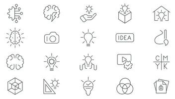 Creative ideas and inspiration linear icons collection. Innovation, idea, think, plan icon collection. UI thin outline icons pack. vector