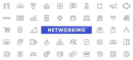 Networking digital line icon set. Business, management, configuration, monitoring system, trouble shooting, performance, security, digital infrastructure, machine learning outline icon collection. vector