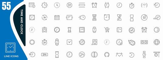 Time and clock line icon set. Clock, smart watch, fast shipping, wall clock, alarm, bell, person hour, timer, speed, restore, management, calendar and watch outline icon collection. vector