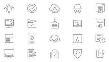 Cyber Security editable line icons set. Data protection, spam, secure, security, antivirus, password, privacy, padlock, hacker, firewall, virus threat and cyber dangers outline icon collection. vector