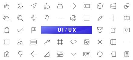 Basic interface UX UI linear icon set. UI UX interface icons. User, profile, message, app, ui, ux, web, print, document file, social media, button, home, chat, arrow outline icon collection. vector