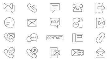Contact us line icons collection. Contact and communication, chat, support, message, phone, globe, chat, call, info, customer service, Call us outline icon set. Thin outline icons pack. vector
