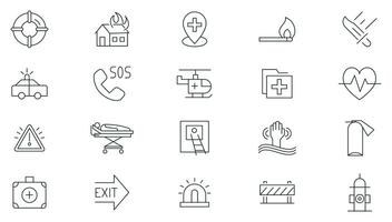 Emergency line icon set. Warning, protection, urgent, containing siren, press, ambulance, emergency call, accidents, rescue services, emergency exit, rescue services icon collection. vector