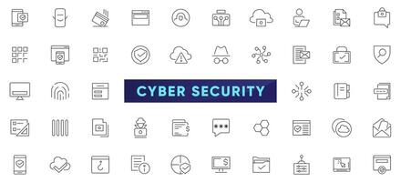 Cyber Security editable line icons set. Data protection, spam, secure, security, antivirus, password, privacy, padlock, hacker, firewall, virus threat and cyber dangers outline icon collection. vector