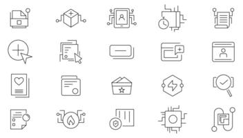 Digitalisation linear icon set. Digital technology, cloud computing, mobile payment, coding, chip, vr glasses, innovation, network, artificial intelligence outline icon collection vector