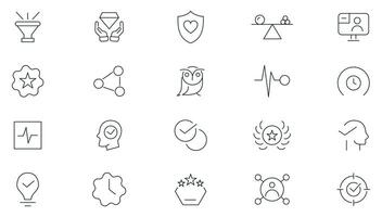 Core values line icon set. Goals and Target, achievement, aim, motivation, vision, growth, goal, trust, teamwork, customers, ethics, passion, influence outline icon set. vector