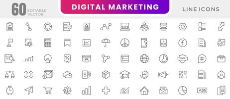 Digital Marketing line icons set. Social, networks, feedback, content, search, ecommerce, seo, internet, analysis, marketing and search engine optimization outline icons collection. vector