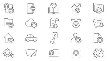 Repair and servicing line icons set. Setup and setting, fix, setting, help, operation, gear, processing, tools outline icon collection. Thin outline icons pack. vector
