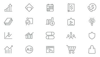 Marketing thin line icon set. Digital marketing, seo, Search engine optimization, communication, advertising, e commerce, seo, content, social media outline icon collection. vector