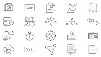 Information technology web icon set. Web Hosting Line Icons pack. Data analytics, database, big data process, ai, traffic, hosting service, optimization and backup outline icon set collection. vector