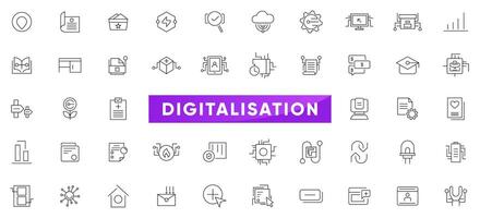 Digitalisation linear icon set. Digital technology, cloud computing, mobile payment, coding, chip, vr glasses, innovation, network, artificial intelligence outline icon collection. vector