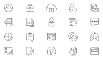 Cyber Security editable line icons set. Data protection, spam, secure, security, antivirus, password, privacy, padlock, hacker, firewall, virus threat and cyber dangers outline icon collection. vector