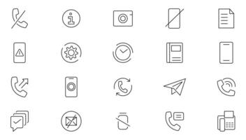 Mobile phone line icon set. Smartphone, global calls, online support, mobile phone, calculate report, chat message and app outline icon collection. UI thin outline icons vector