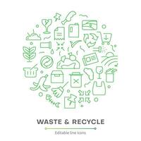 Waste and Recycle line icon set. Trash separation, waste sorting with further recycling outline icon collection. Trash, Plastic, Paper, Bottle, Can, Factory, Food, Pollution, recycling icon pack. vector