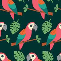 Seamless tropical pattern with parrot abd leaves vector