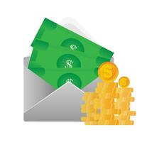 An open envelope with money and coins. Dollar bills. illustration vector