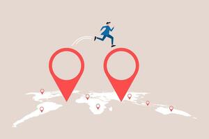 Businessman jumping from map navigation pin to new one metaphor of relocation. concept of Business start up, move office to new address or transfer to new location vector
