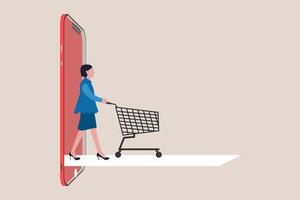 Online shopping or mobile shopping app concept, Business woman pushing shopping cart trolley running from website or app on mobile smartphone. concept of Online shopping or mobile shopping app vector