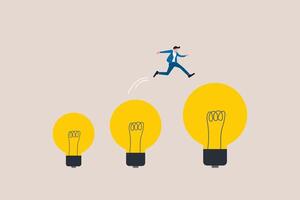 Businessman jumping on bigger lightbulb, successfully. concept of goal, achievement, advancement in career or business growth concept. Aspiration and motivation vector
