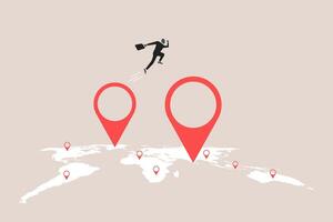 Businessman jumping from map navigation pin to new one metaphor of relocation. concept of Business start up, move office to new address or transfer to new location vector