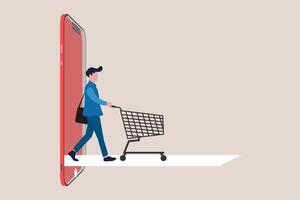 Online shopping or mobile shopping app concept, Businessman pushing shopping cart trolley running from website or app on mobile smartphone. concept of Online shopping or mobile shopping app vector