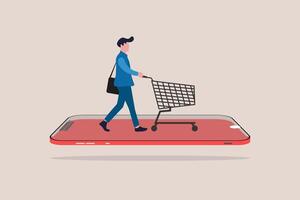 Businessman pushing shopping cart trolley running from website or app on mobile smart phone. concept of Online shopping or mobile shopping app vector