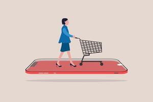 Business woman pushing shopping cart trolley running from website or app on mobile smart phone. concept of Online shopping or mobile shopping app vector