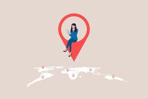 Business woman working remotely with computer laptop on location map pin. Expansion business, remote job or distance work, virtual office or working anywhere vector