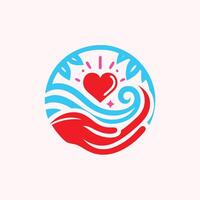 heart logo with hand and leaves and waves pattern vector