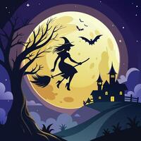 A glowing full moon with a silhouette of a witch flying on a broomstick. vector