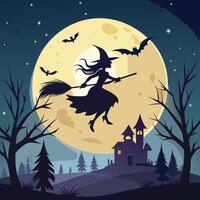 A glowing full moon with a silhouette of a witch flying on a broomstick. vector