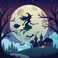 A glowing full moon with a silhouette of a witch flying on a broomstick. vector