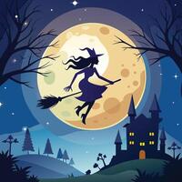 A glowing full moon with a silhouette of a witch flying on a broomstick. vector