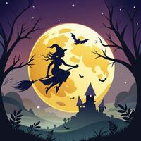 A glowing full moon with a silhouette of a witch flying on a broomstick. vector