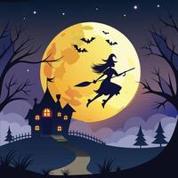 A glowing full moon with a silhouette of a witch flying on a broomstick. vector