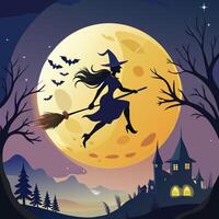 A glowing full moon with a silhouette of a witch flying on a broomstick. vector