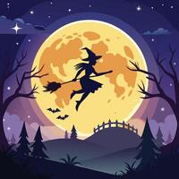 A glowing full moon with a silhouette of a witch flying on a broomstick. vector