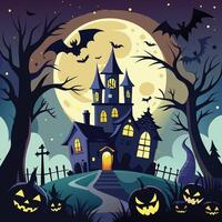 Dark, spooky silhouettes of haunted houses with bats, ghosts, and a full moon. vector