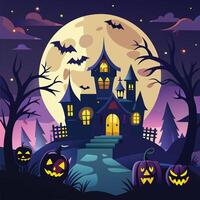 Dark, spooky silhouettes of haunted houses with bats, ghosts, and a full moon. vector