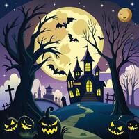 Dark, spooky silhouettes of haunted houses with bats, ghosts, and a full moon. vector